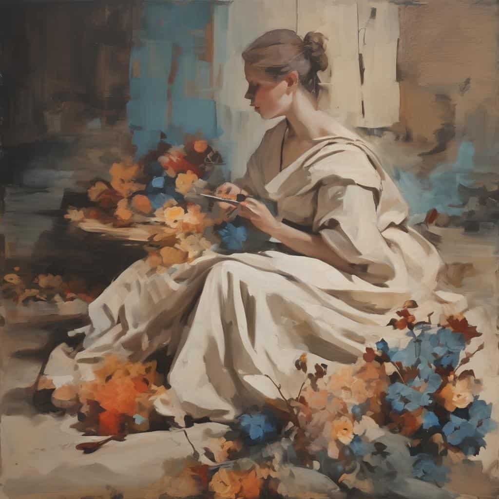 Λευκό φόρεμα, γυναίκα με λουλούδια, πίνακας τέχνης, χρώματα ως μορφή έκφρασης, συμβολισμός χρωμάτων.